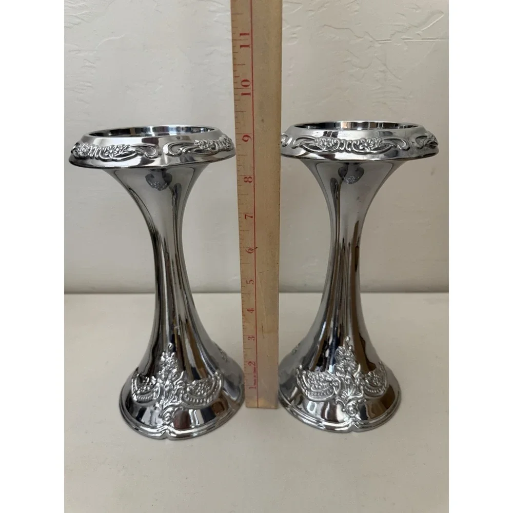 Vintage Baroque Style Cast Aluminum‎ Pillar Taper Embossed Candlesticks Pair
